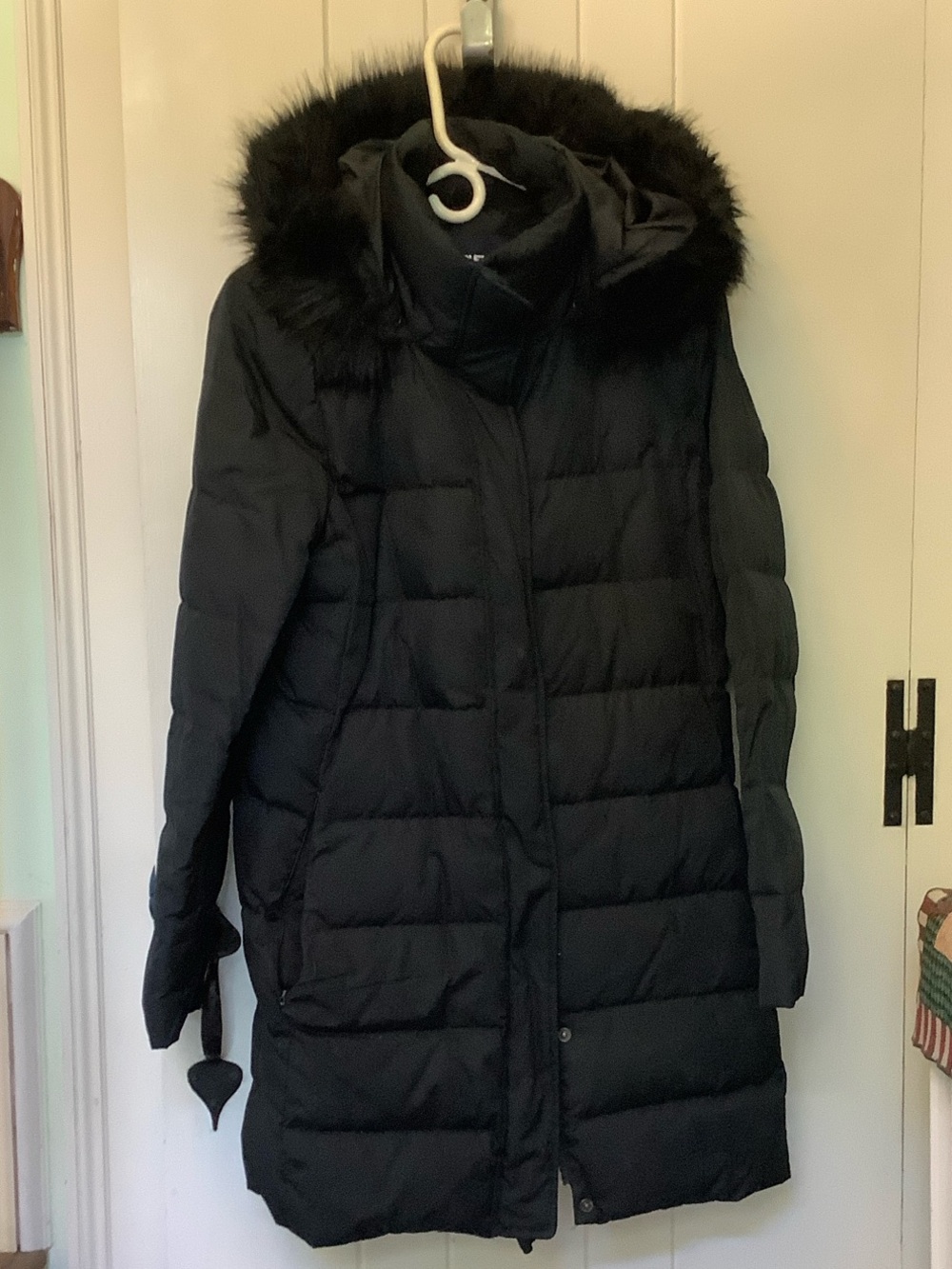 Lands' End Black Quilted Longline Puffer with Faux Fur Hood